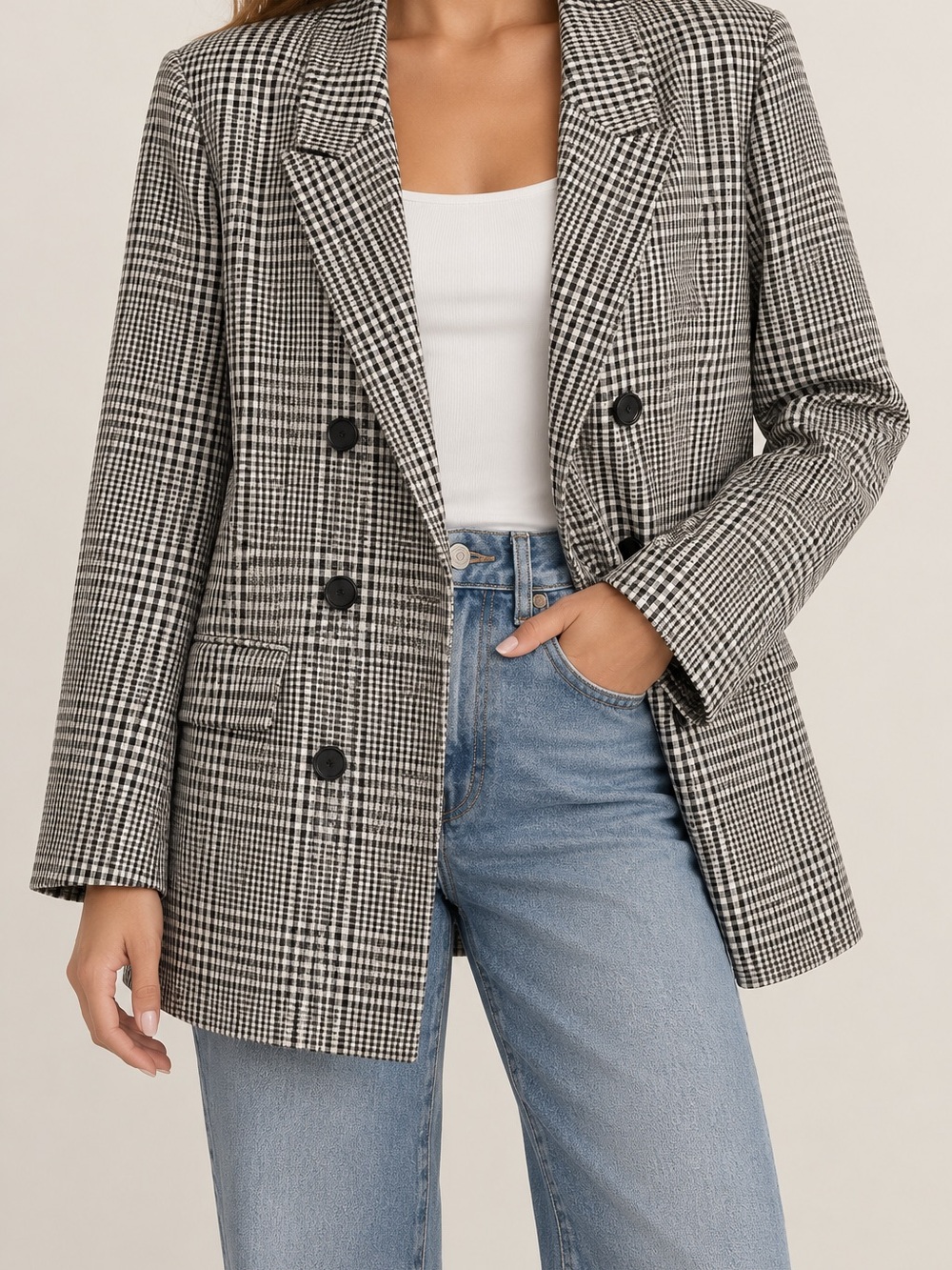 Dynamite Black & White Checked Double-Breasted Blazer